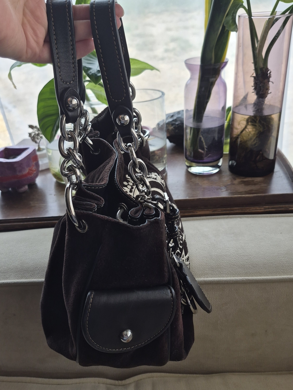 Vintage Juicy Couture Daydreamer Velour Tote Bag Brown Y2K Silver Crest Heart - Picture 4 of 17